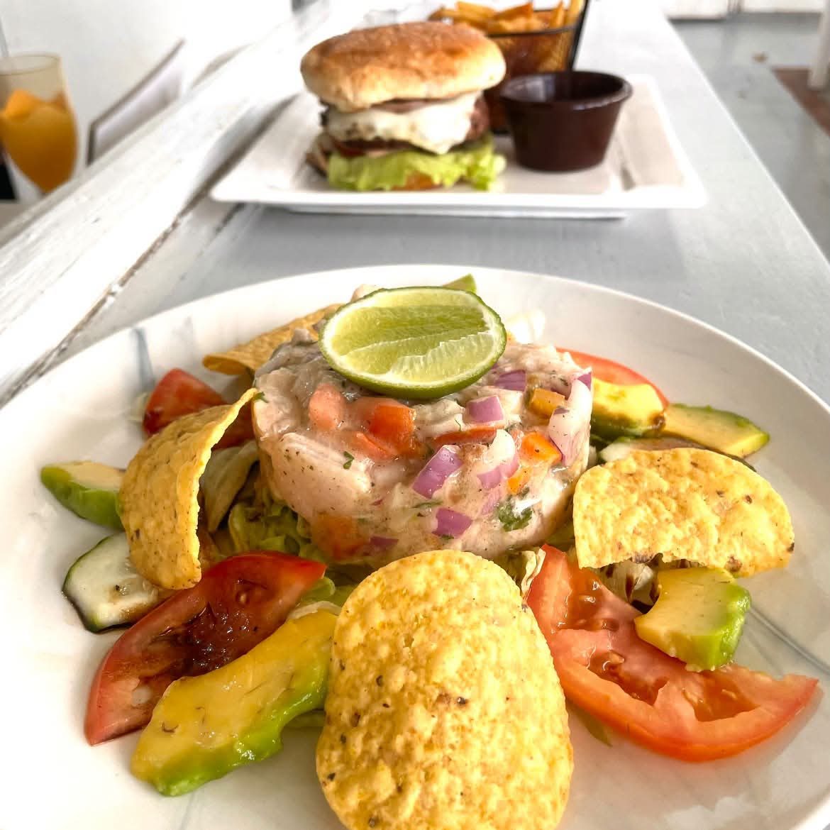 Ceviche and a burger